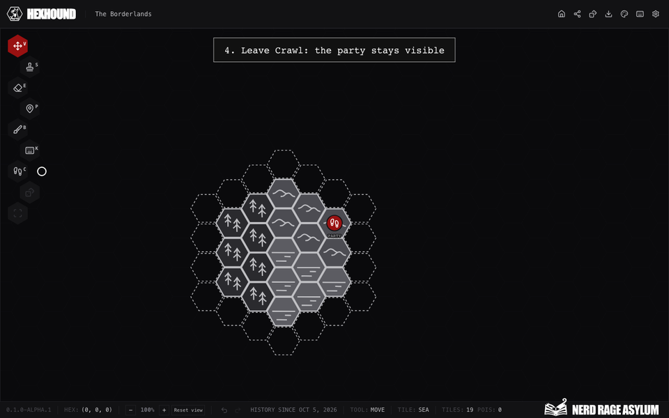 The party token moving between hexes while Crawl is active.