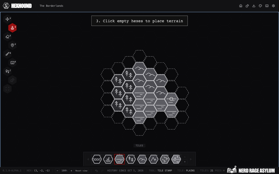 Tile Stamp selected in the editor with terrain placed on the map.