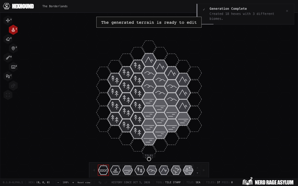 Terrain generation settings followed by generated rings of hexes.
