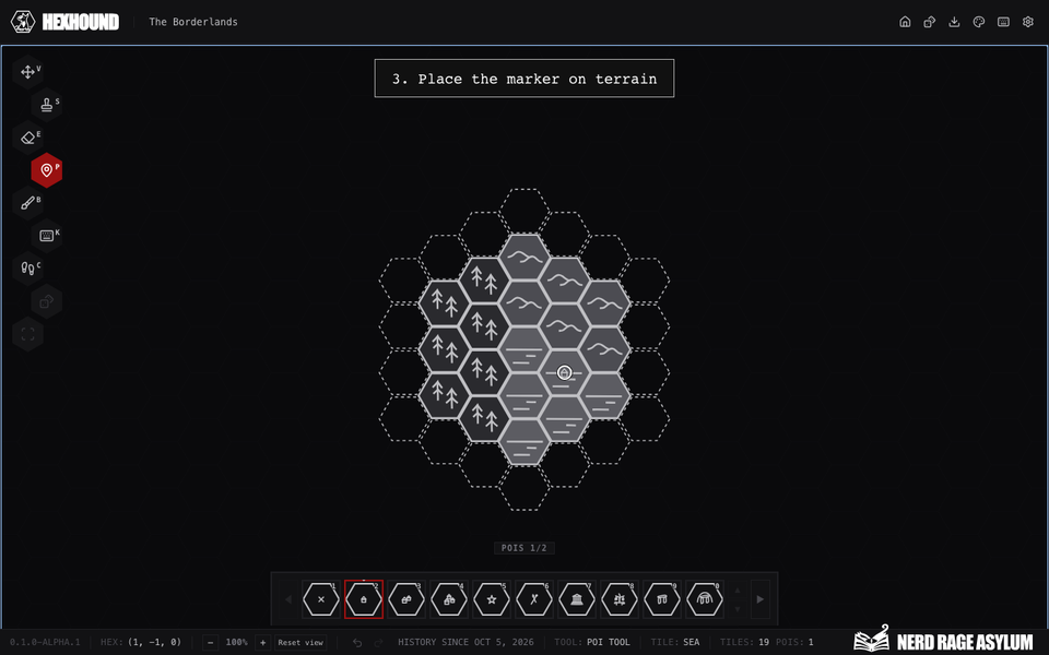 The POI palette and a marker placed on an existing terrain hex.