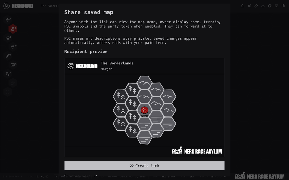 The sharing dialog preview, link creation, copying, and confirmed stopping of sharing.